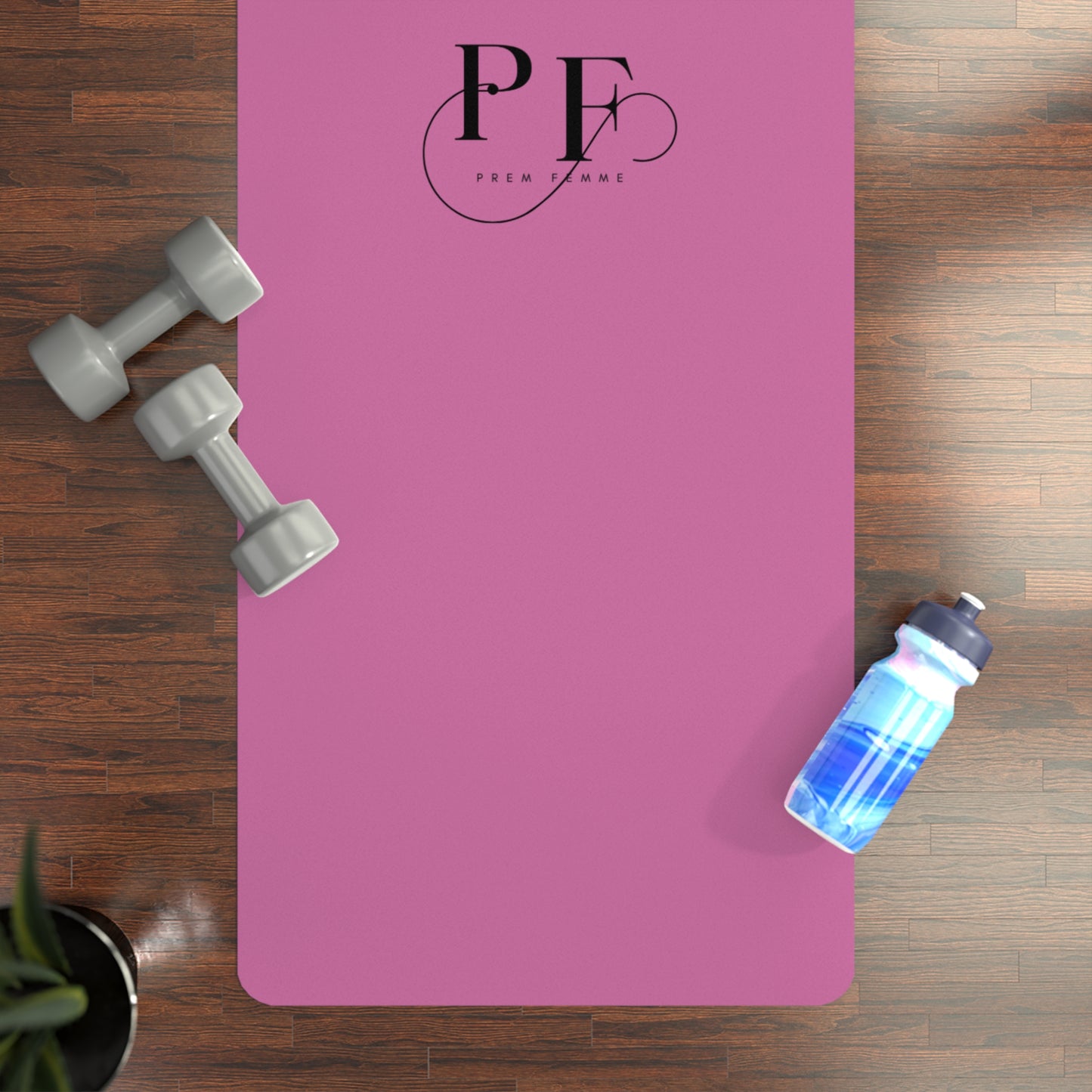 Pink Rubber Yoga Mat with PF Monogram — Non-Slip Pilates & Fitness Mat